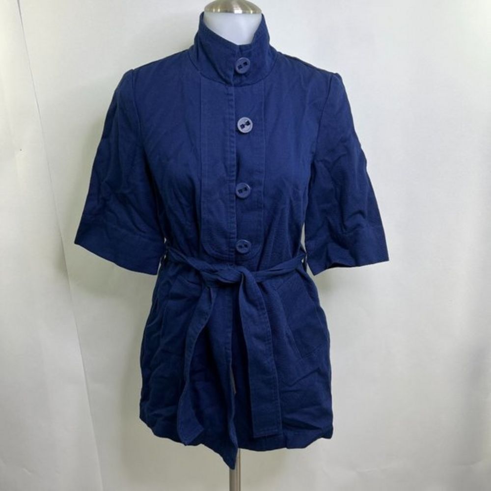 Tulle S Jacket Blue Belted Tie Short Sleeve Overcoat Lightweight Button Pea coat